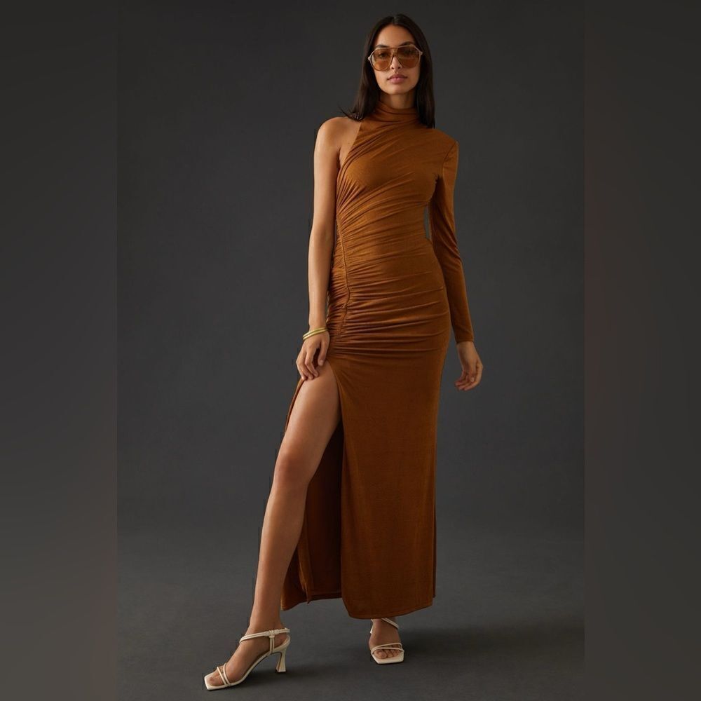 MISHA PAULINE ASYMMETRICAL HIGH-SLIT MAXI DRESS - Bronze - Size 2